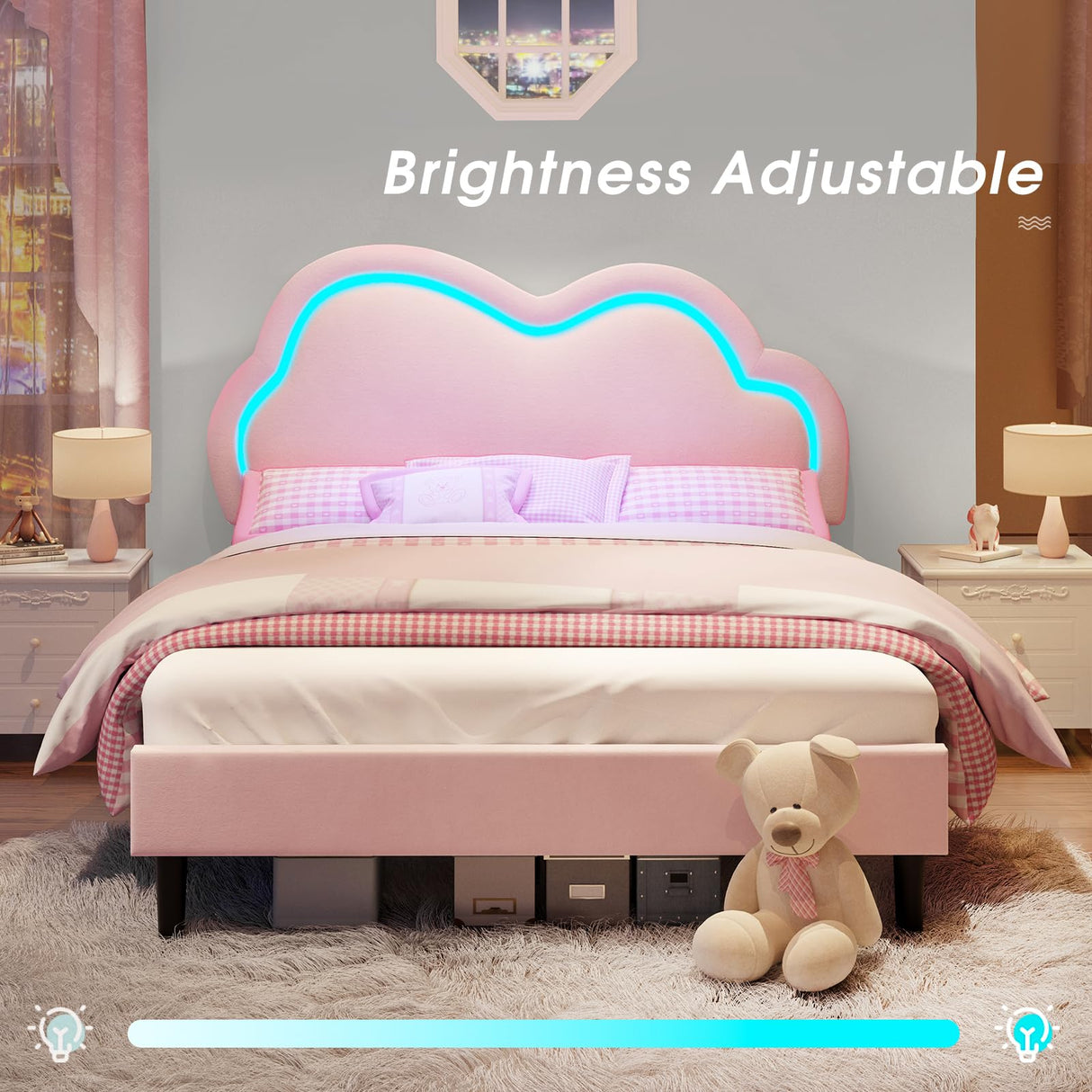 Jocisland LED Bed Frame Queen Size Velvet Upholstered Platform Bed with Adjustable Cloud Headboard, No Box Spring Needed, Easy Assembly, Pink Jocisland