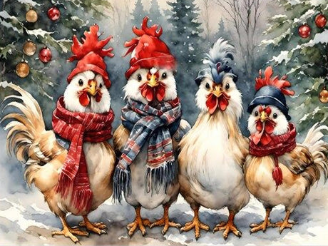 Ekuxom Chicken Diamond Art Kits for Adults, Winter Christmas Diamond Art Kits for Adults, Full Round Christmas Chicken Diamond Painting Gem Art Home Wall Decor 16x12 inch Ekuxom