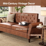 FiveWillowise Brown Couch, 73-inch Sofa Couch, Faux Leather Couch, Office Couch with Wooden Legs, Vintage Couch with Rolled Armrests, Mid Century Modern Couch for Living Room Small Apartment FiveWillowise