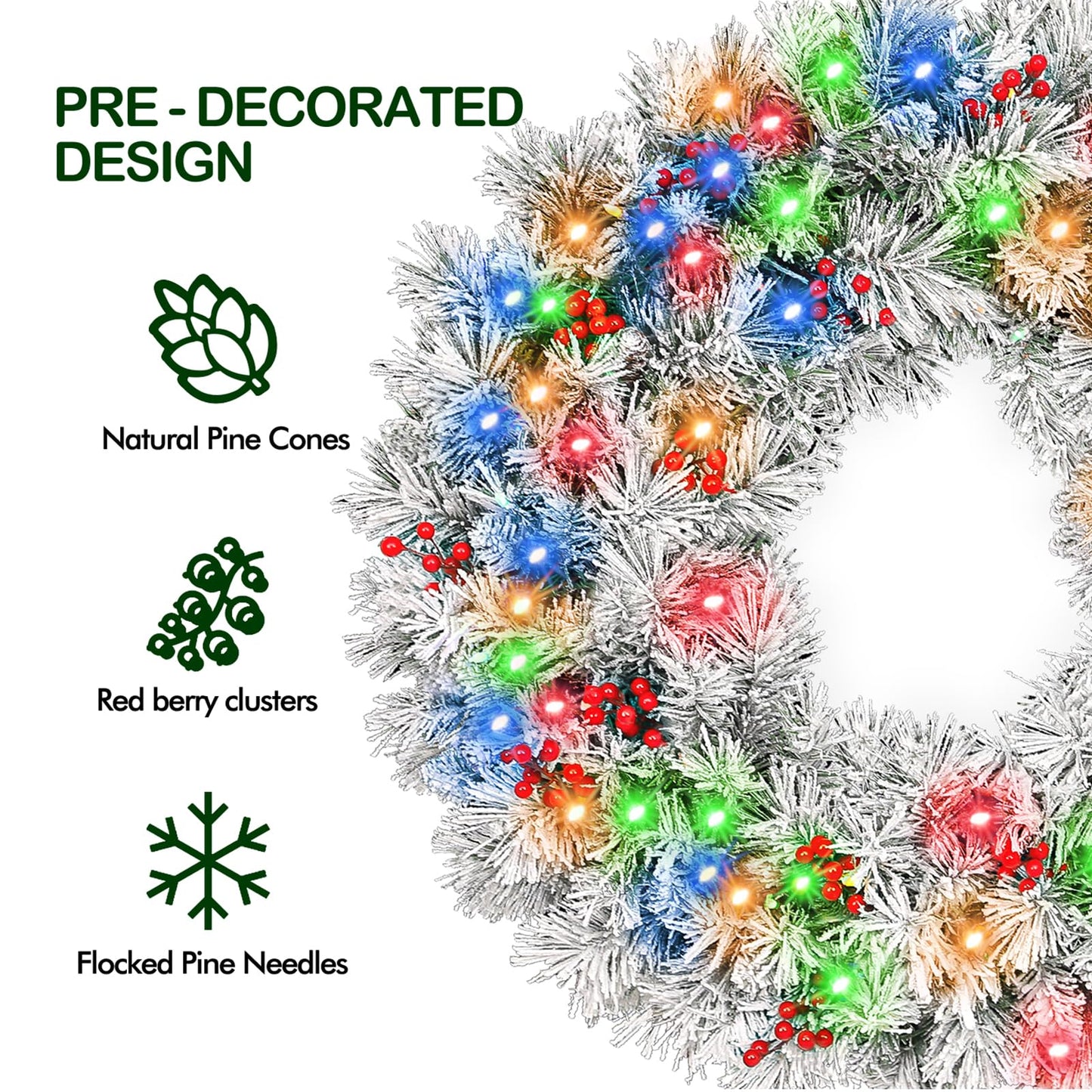 Hykolity 36 in. Lighted Snow Flocked Artificial Christmas Wreath with 150 Multicolor LED Lights, 262 Tips, Frosted Wintry Pine Wreath with Timer & Hanger, Pine Cones, Berry Clusters, Battery Operated