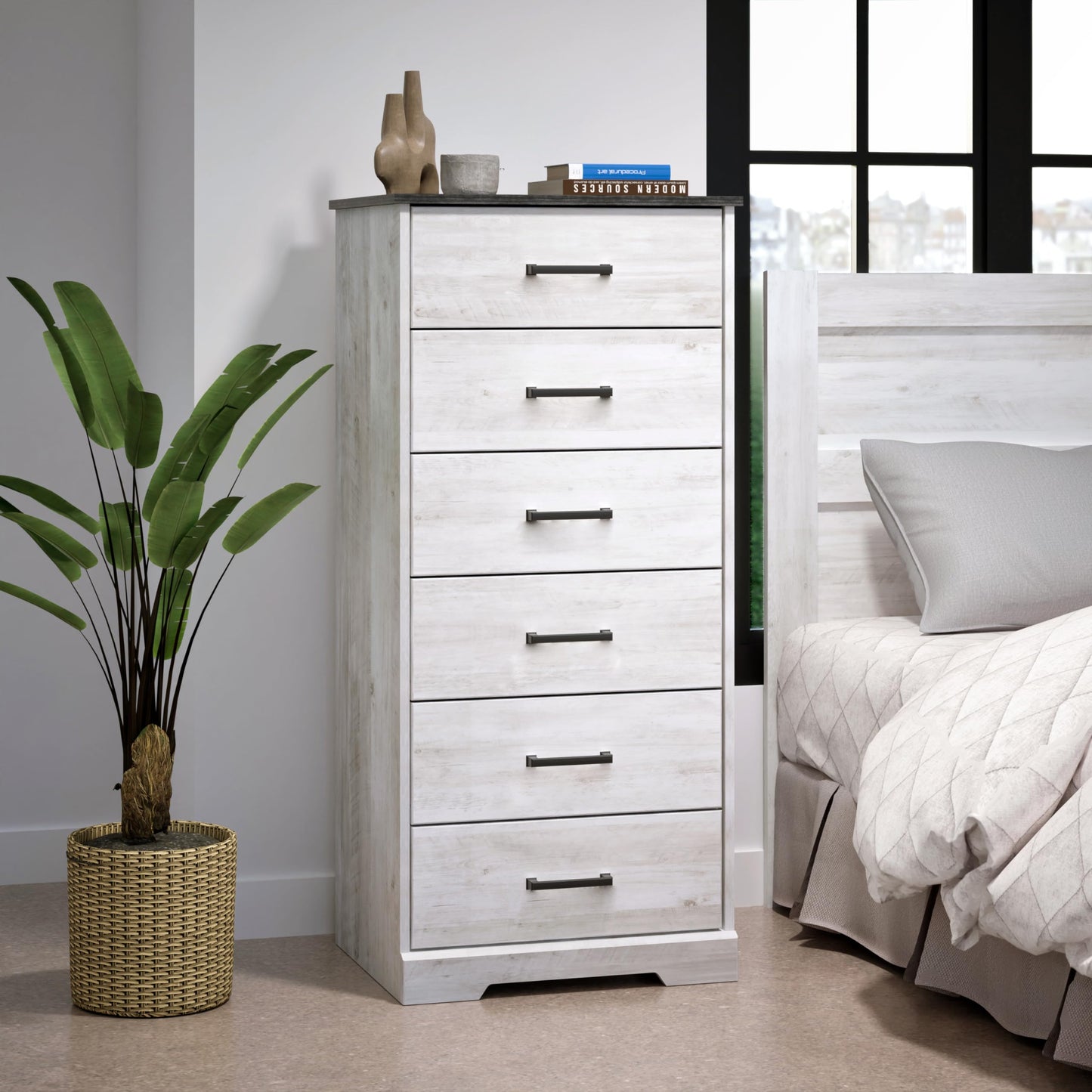 Prepac Dresser for Bedroom, Chest 6 Drawers, 18.5" D x 23.75" W x 51.5" H, Washed White - WoodArtSupply