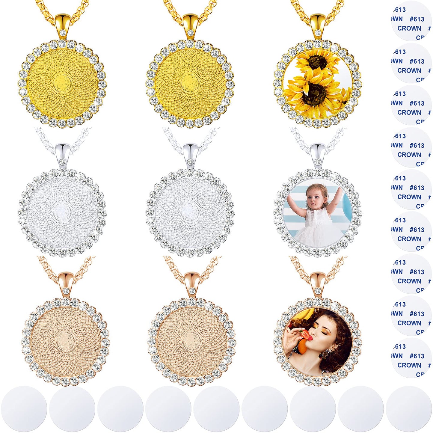 9 Pieces Sublimation Blank Necklace Rhinestone Bezel Pendant Trays with Lobster Clasps Chains 9 Pieces Sublimation Blank Disc 9 Pieces 0.98 Inch Double Side Tape Pendant Trays for Jewelry Making