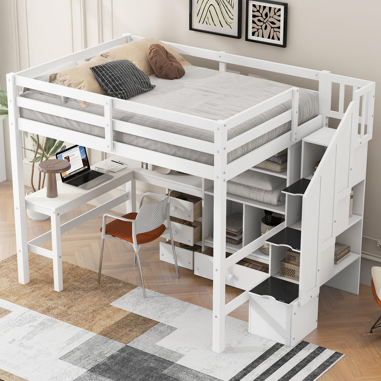 Full Size Loft Bed with Desk and Stairs Wood Loft Beds with Storage Cabinet and Bookcase High Loft Bed Frame with Staircase Shelves for Kids, Teen, Boys, Girls, White Bellemave