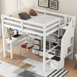 Full Size Loft Bed with Desk and Stairs Wood Loft Beds with Storage Cabinet and Bookcase High Loft Bed Frame with Staircase Shelves for Kids, Teen, Boys, Girls, White Bellemave