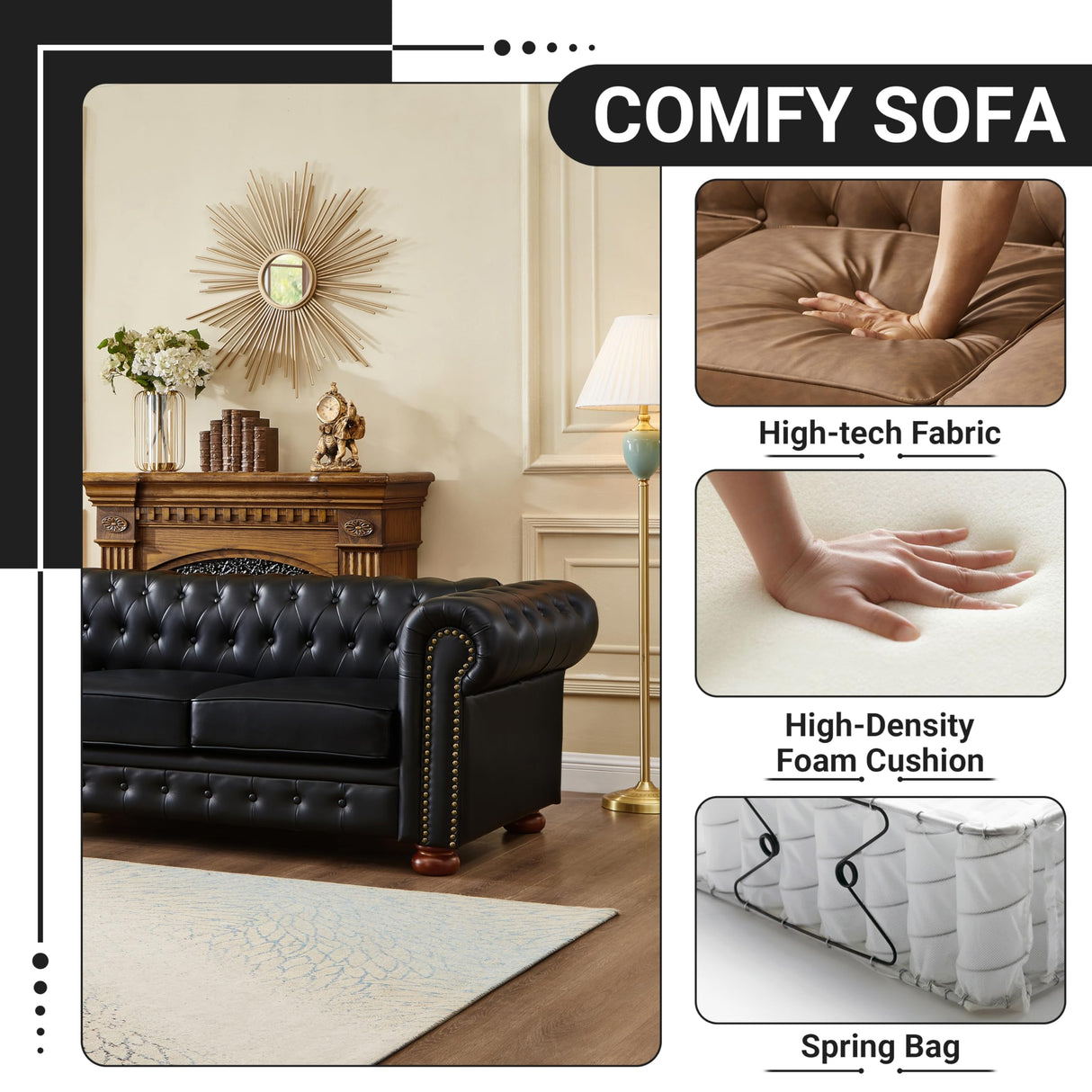 N NOORDENIYA Chesterfield Leather Sofa, 89" Mid Century Modern Couch with Low Back, Roll Arm Nailhead Trim Classic 3 Seater Couch for Living Room, Office, Apartment, PU Black N NOORDENIYA