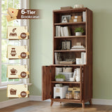 DurayLoly Tall Bookshelf with Doors, 6-Tier Bookcase with Adjustable Shelves & Storage,Fluted Cabinet Mid-Century Modern Wooden Book Shelf for Home Office, Living Room, Kitchen, Walnut DurayLoly