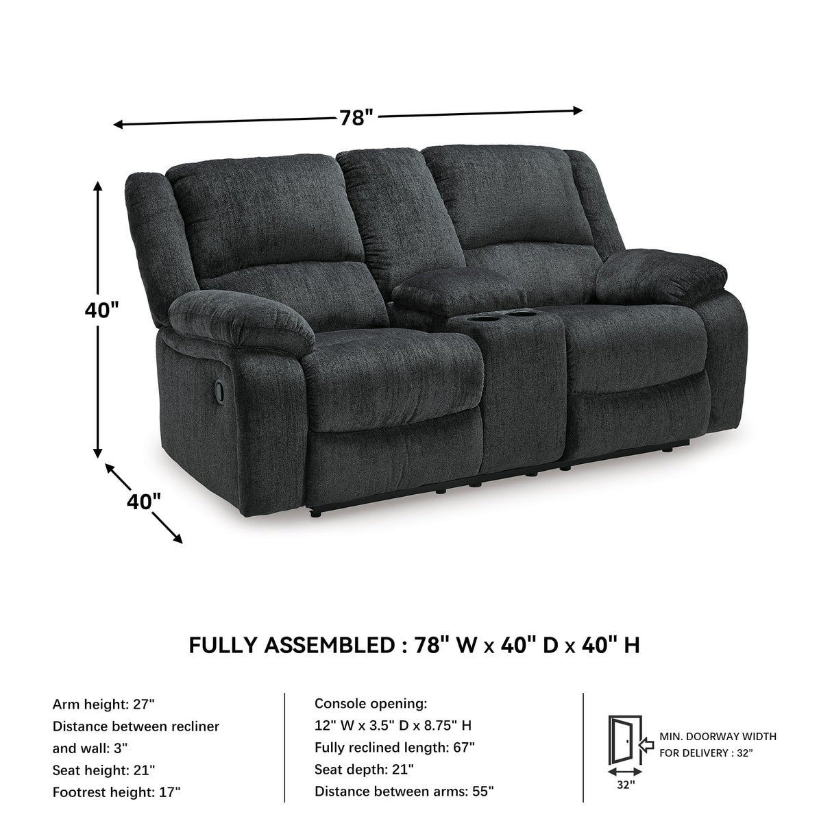 Signature Design by Ashley Draycoll Contemporary Double Reclining Manual Loveseat with Center Console, Dark Gray Signature Design by Ashley