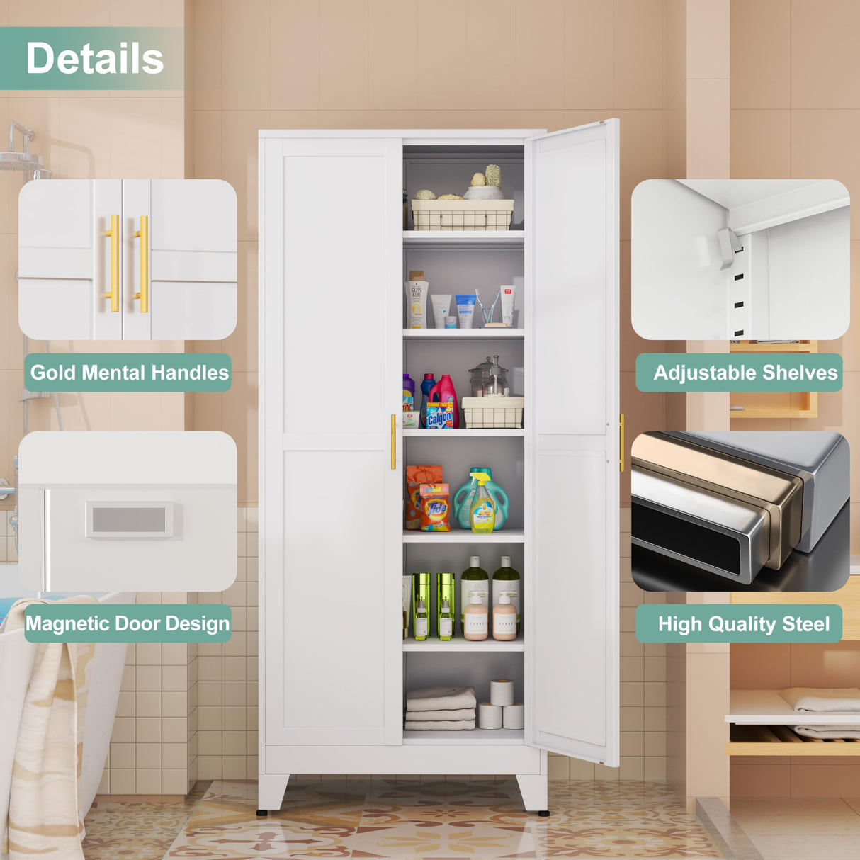 Metal Pantry Cabinet with 2 Doors and 5 Adjustable Shelves, 75" Kitchen Storage cabinets with Gold Handles, Versatile Storage for Laundry Room, Living Room, Bathroom, Dinning Room, Utility Room-White winiowa
