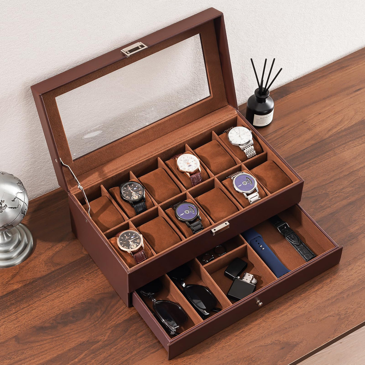 ProCase Watch Box for Men, 12 Slot Mens Watch Case With Drawer, Watch Display Case With Glass Lid, 2-Layer Watch Holder Organizer, Jewelry and Watch Storage for Men Women -12Slot, Espresso ProCase