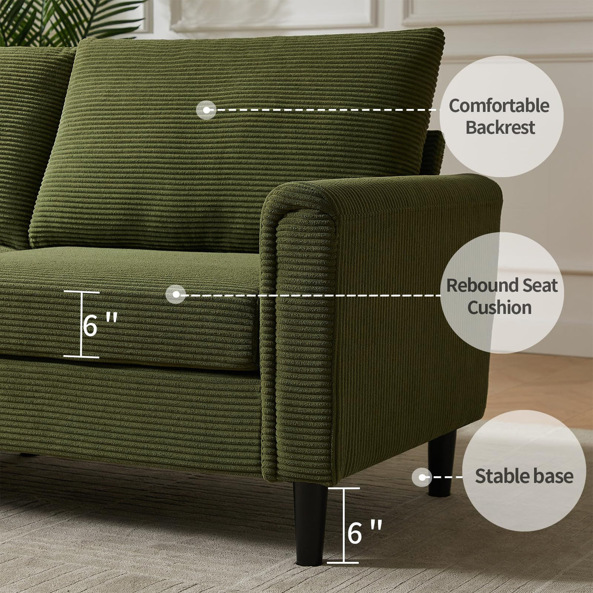 Brelice 80" Loveseat Sofa, Corduroy Couch for Living Room, 24.4" Extra Deep Seats, Mid Century Modern Oversized Love Seat for Bedroom, Office, Apartment and Small Space(Green) Brelice
