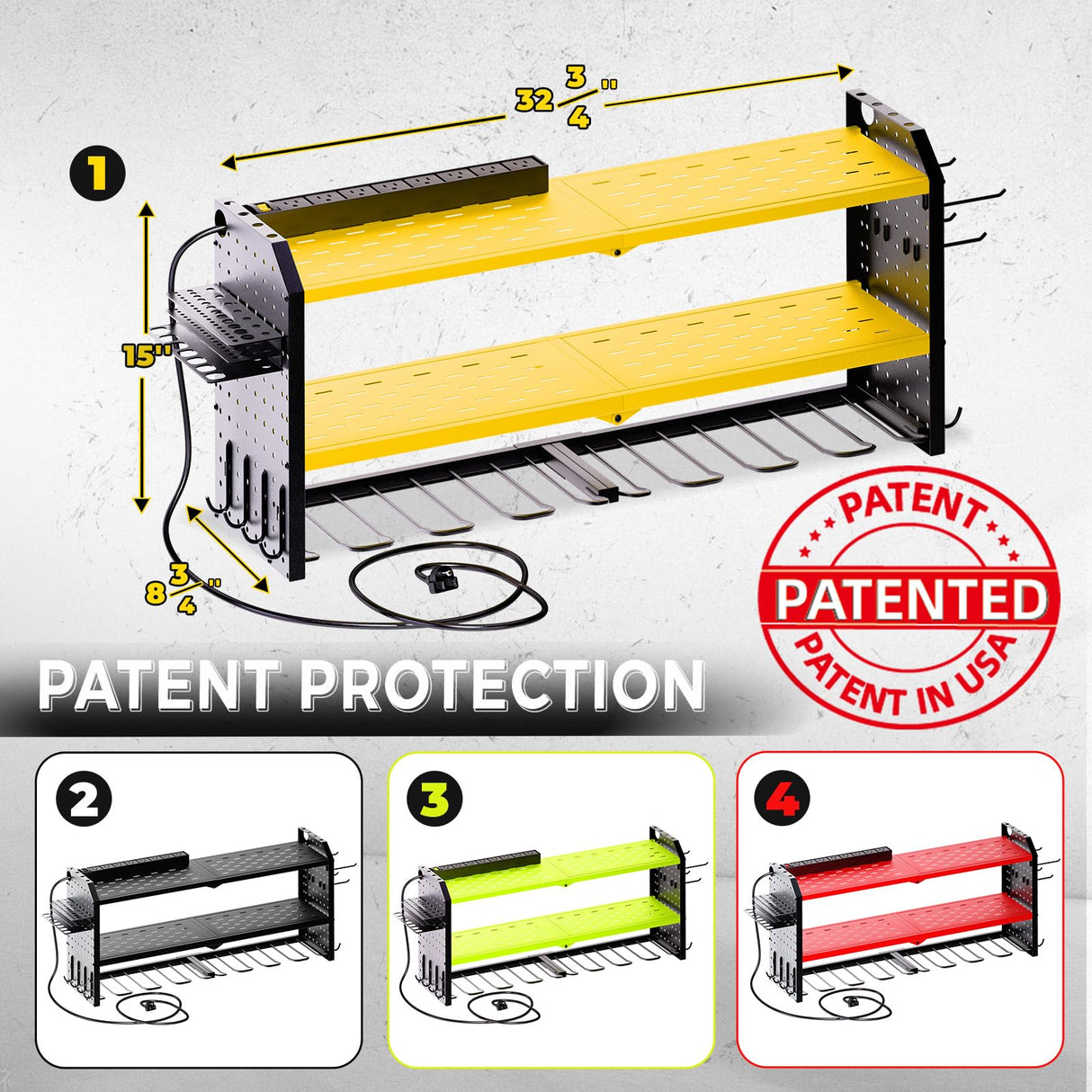 KAFAHOM Power Tool Organizer with Charging Station, Built in 8 Outlet Power Strip,Large 8 Drill Holder Wall Mount, Heavy Duty Metal Power Tool Storage Rack Tool Shelf for Garage Organization Black KAFAHOM