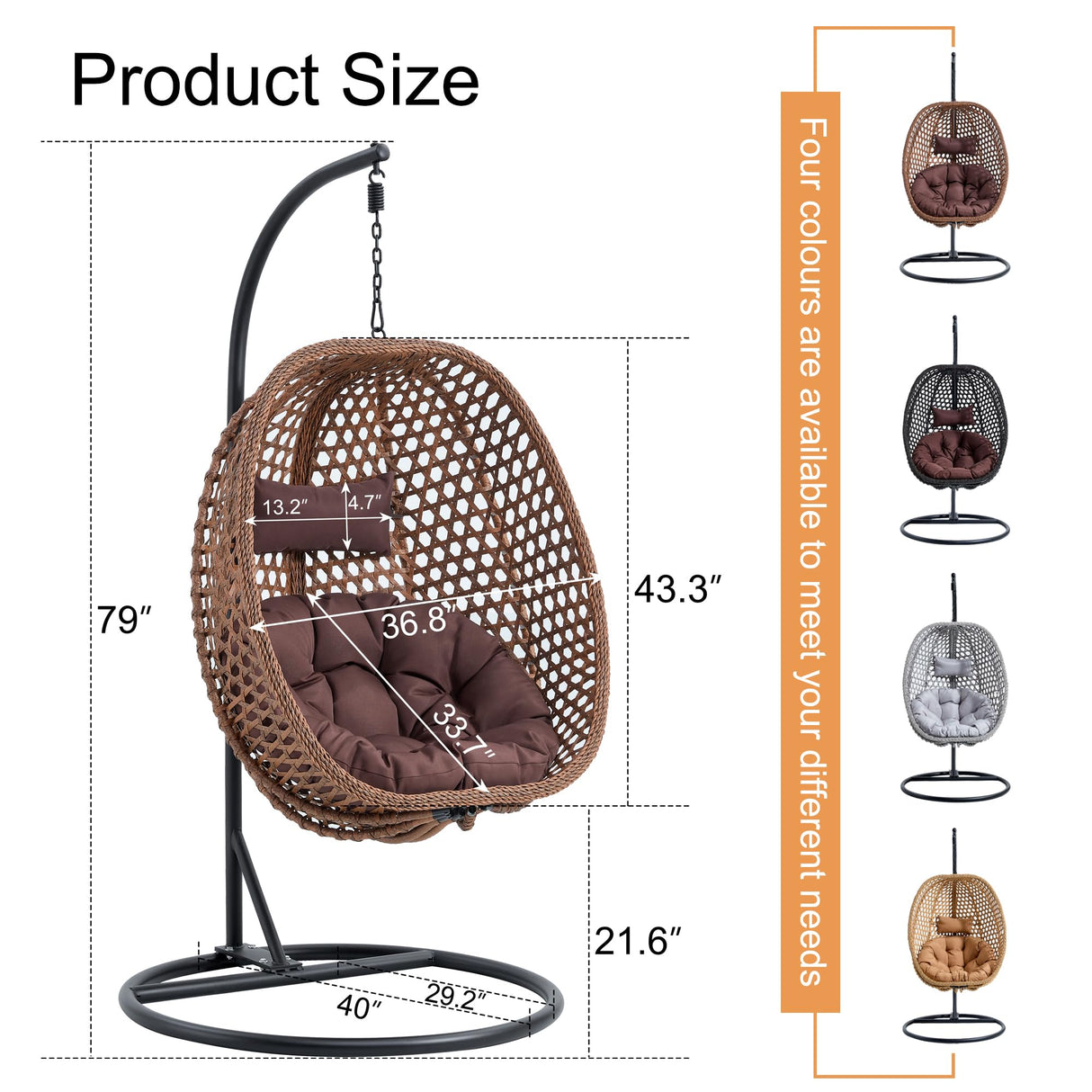 LFVFFA Egg Swing Chair with Stand Outdoor Indoor, Hanging Egg Chair with Cushions and Pillow,300lbs Capacity for Porch, Patio, Bedroom, Balcony, Brown LFVFFA