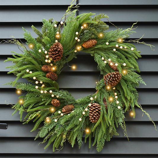 Pinkpuii Real Touch Norfolk Pine Wreath Artificial Christmas Wreaths for Front Door 24 Inch Indoor Outdoor Green Evergreen Winter Wreath with Natural Pine Cones and Berries for Farmhouse Home Decor