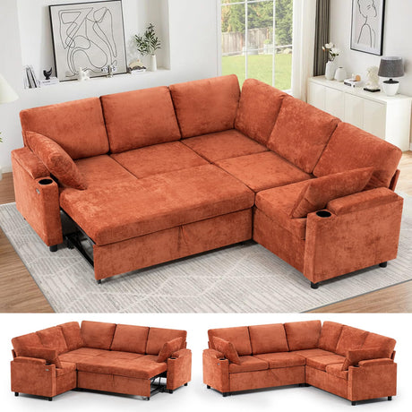 ACMEASE 85" Chenille Reversible Sectional Sofa w/Pull Out Bed, Upholstery L-Shaped Couch w/Storage Armrests & Cup Holders, Modern Corner Sofa w/USB Charging port & Throw pillow for Living Room, Orange ACMEASE