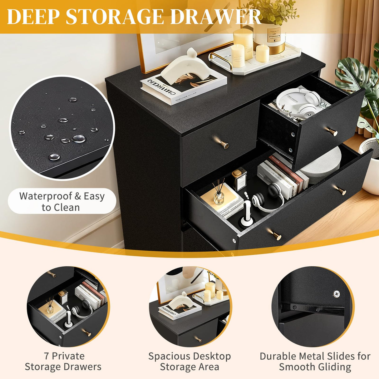 Karl home Black 7 Drawer Dresser for Bedroom, Tall Dresser Chest of Drawers, Rustic Wood Bedroom Dressers Clothes Organizer, Anti-Tipping Device, Rose Gold Metal Handle, Living Room, Entryway, Office Karl home