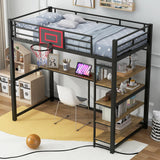 Twin Size Loft Bed with Desk and Storage Shelves,Metal Loft Bed with Basketball Hoop,Heavy Duty Loft Bed Frame for Kids,Teens,Adults,High Loft Bed Frame Twin Size, Space Saving, Black Bellemave