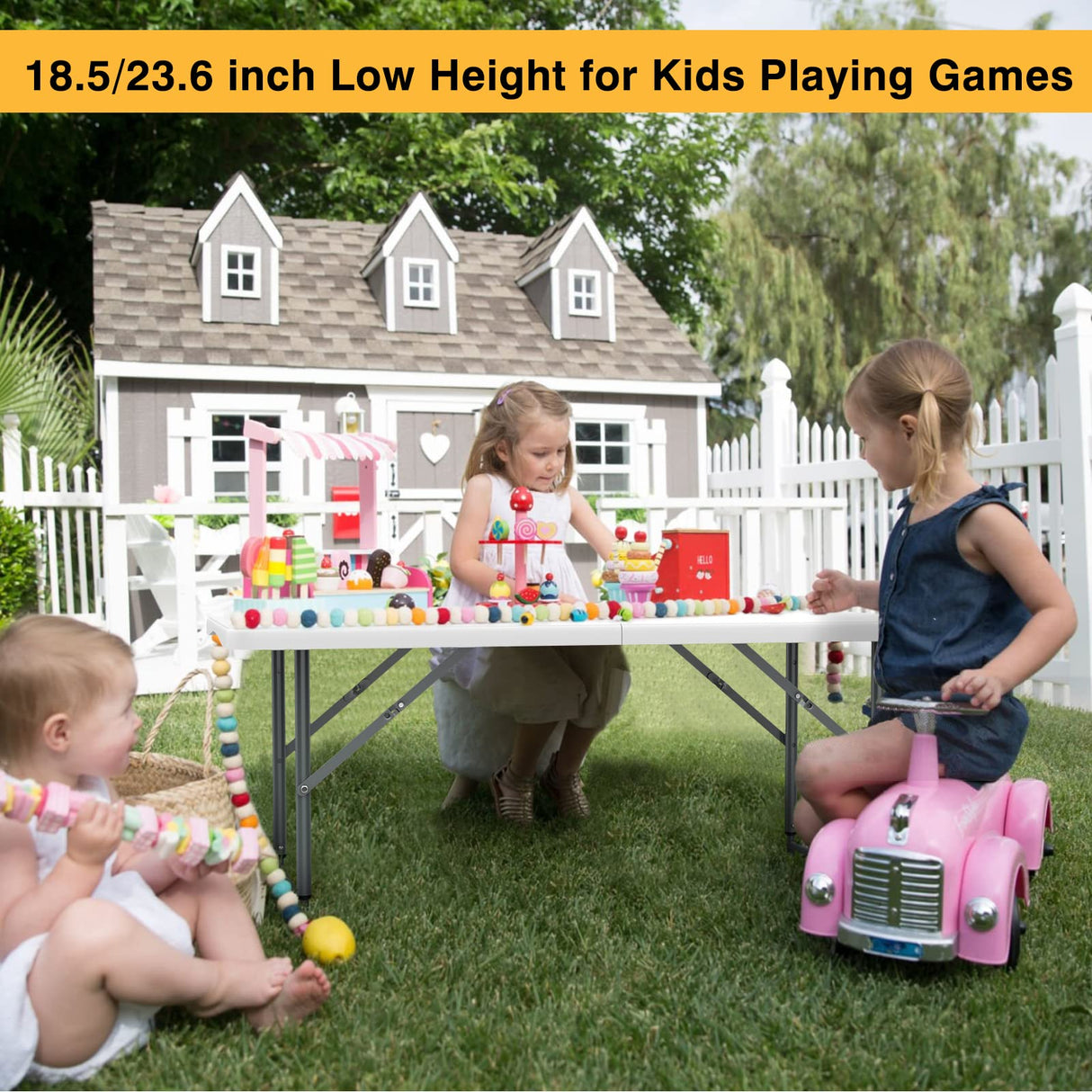 SKOK 330lbs Folding Picnic Table 4/6/8 Foot Adjustable Height, 4/6/8FT Plastic Table Portable w/Handle, Utility Commercial Craft Sewing Card Table w/Heavy Duty Frame for Party Events SKOK