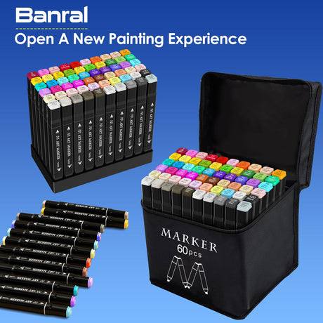 Banral 60 Colors Alcohol Markers Set, Dual Tip Alcohol Based Art Marker for Artists Kids Adult Coloring, Permanent Illustration Sketch Pens for Drawing with Case and Holders Banral