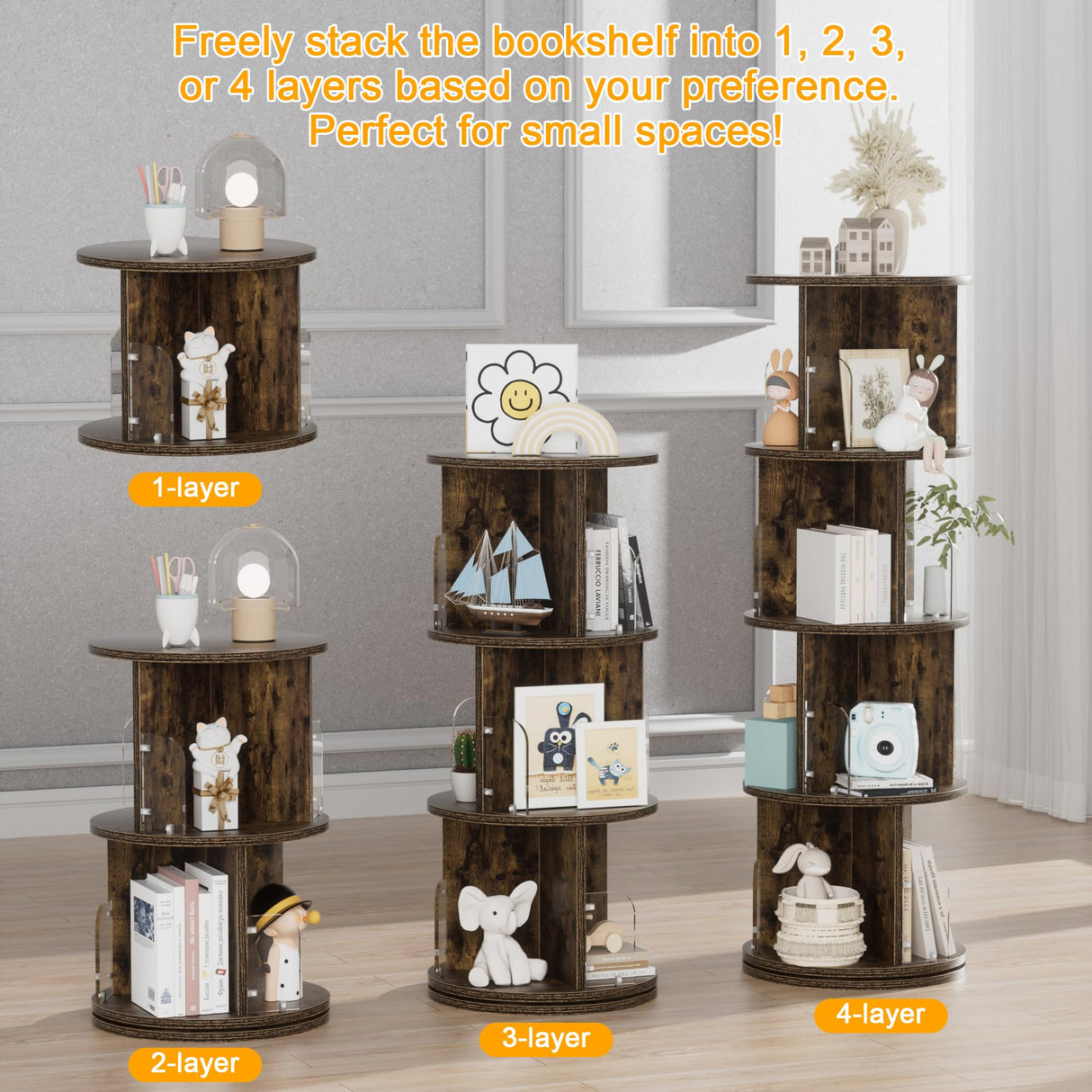 VECELO 4 Tier Revolving Bookshelf Tower, 360° Display Floor Standing Storage Rack with Acrylic Visible Window Partition for Bedroom, Living Room Home and Office, Brown VECELO