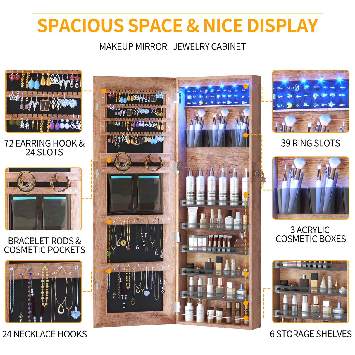 LVSOMT LED Wall/Door Mounted Jewelry Cabinet Armoire, Full Length Mirror with Lights, Lockable Storage Organizer, Over the Door Hanging Body Mirror (Wood) LVSOMT