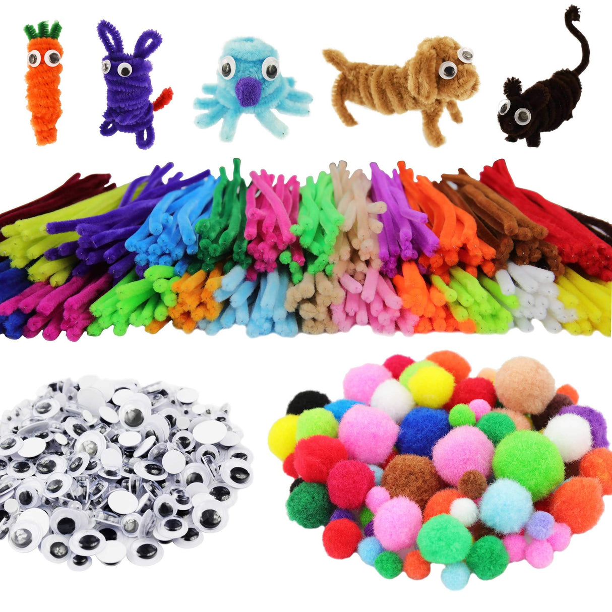 862 Pieces Kids Art & Craft Supplies Set DIY Activities & Parties Pipe Cleaners Craft Set 200 Pcs Pipe Cleaners 454 Pcs Pom Poms 208 Pcs Wiggle Eyes Self Adhesive1 PenVinoo