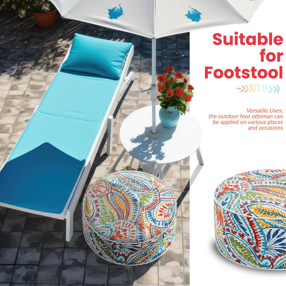Juexica 2 Pack Outdoor/Indoor Inflatable Ottoman 21 x 9 Inch Paisley All Weather Round Footrest Stool with Handle Water Repellent Portable Footstool Pouf for Patio Garden Camping Home Deck Travel Juexica