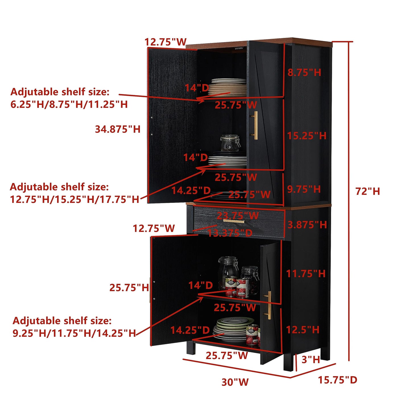 KB Designs - 72" Black Wood Freestanding Kitchen Pantry Storage Cabinet Cupboard with Doors Adjustable Shelves & Drawer - WoodArtSupply