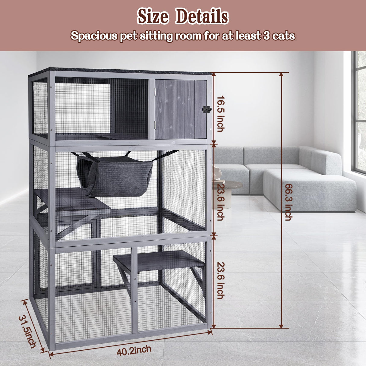 Wooden Cat House Outdoor Cat Enclosure with 3 Floors and Weatherproof Roof Indoor Large Cat Catio for Cats with Hammock & Resting Box Akinerri