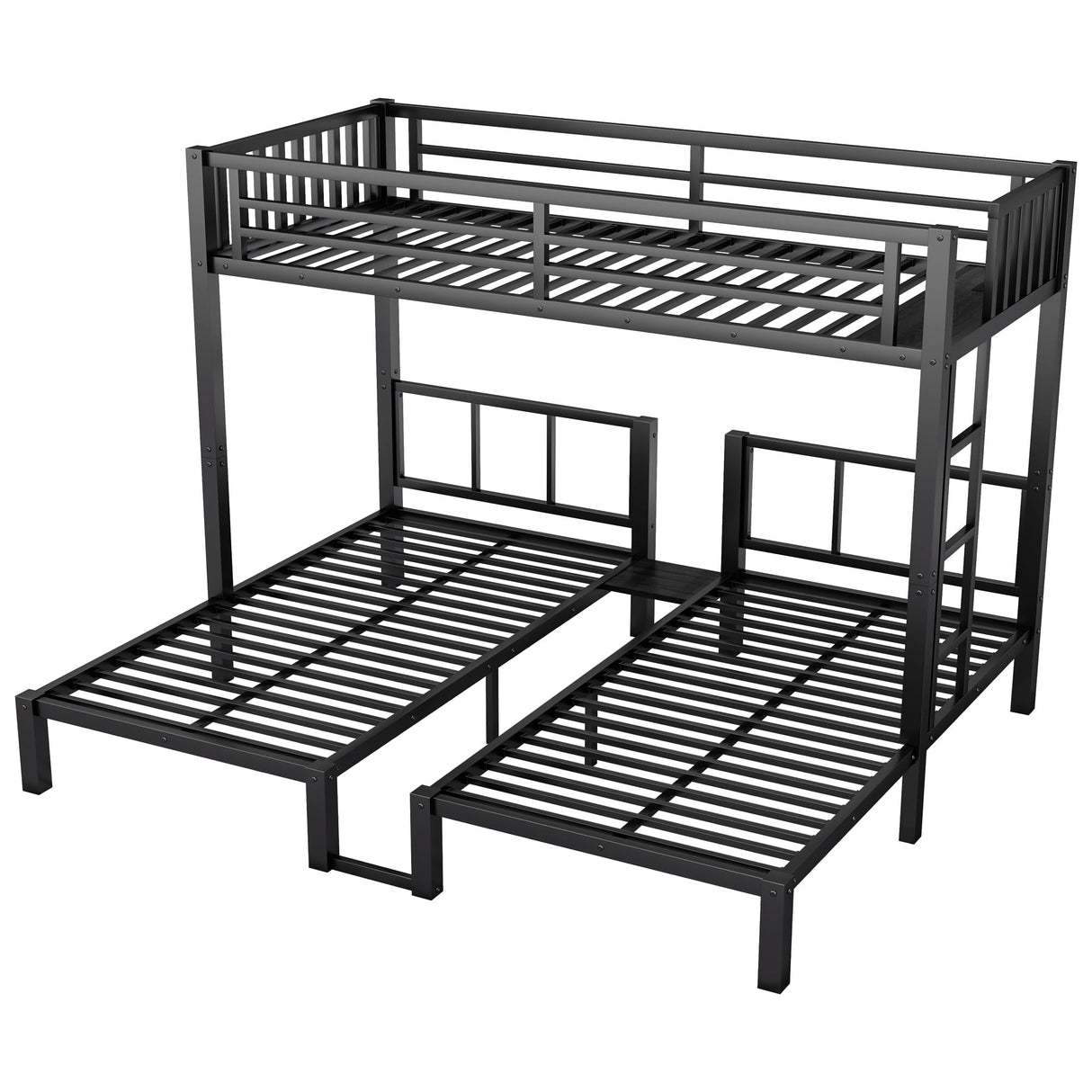 Aurnienofus Triple Bunk Bed Twin XL & Twin Over Twin with LED & Charging Station, Metal Detachable Bunk Bed for 3 Kids, Girls Boys Teens,Bunk Beds with Guardrails and Ladder, Black Aurnienofus