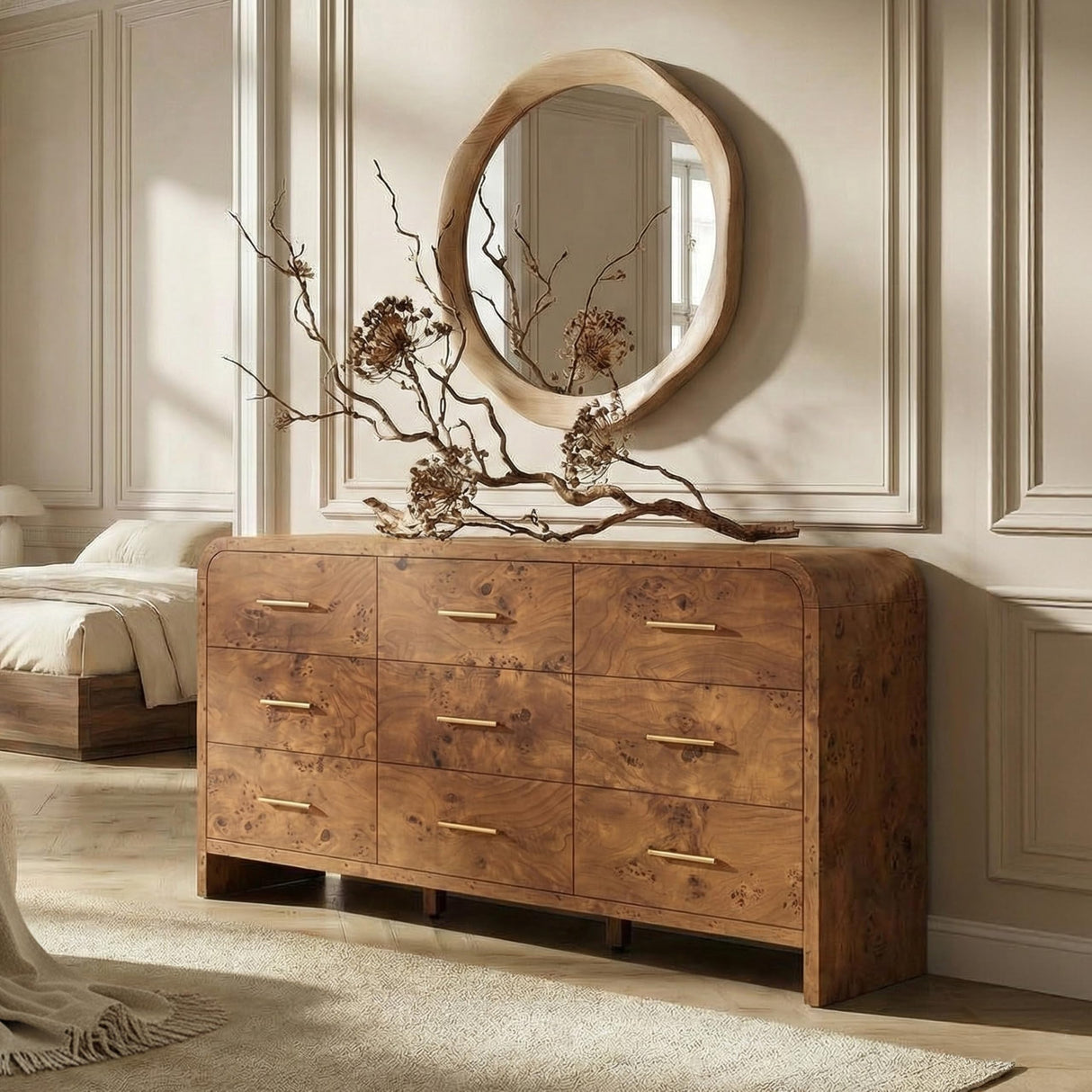 EliteSet Curved 9-Drawer Dresser for Bedroom, 63" Wide Modern Chest of Drawers, Vanity Desk TV Stand for Living Room, Closet Storage Drawers Organizer Furniture, Nursery, Hallway, Dark Burl EliteSet