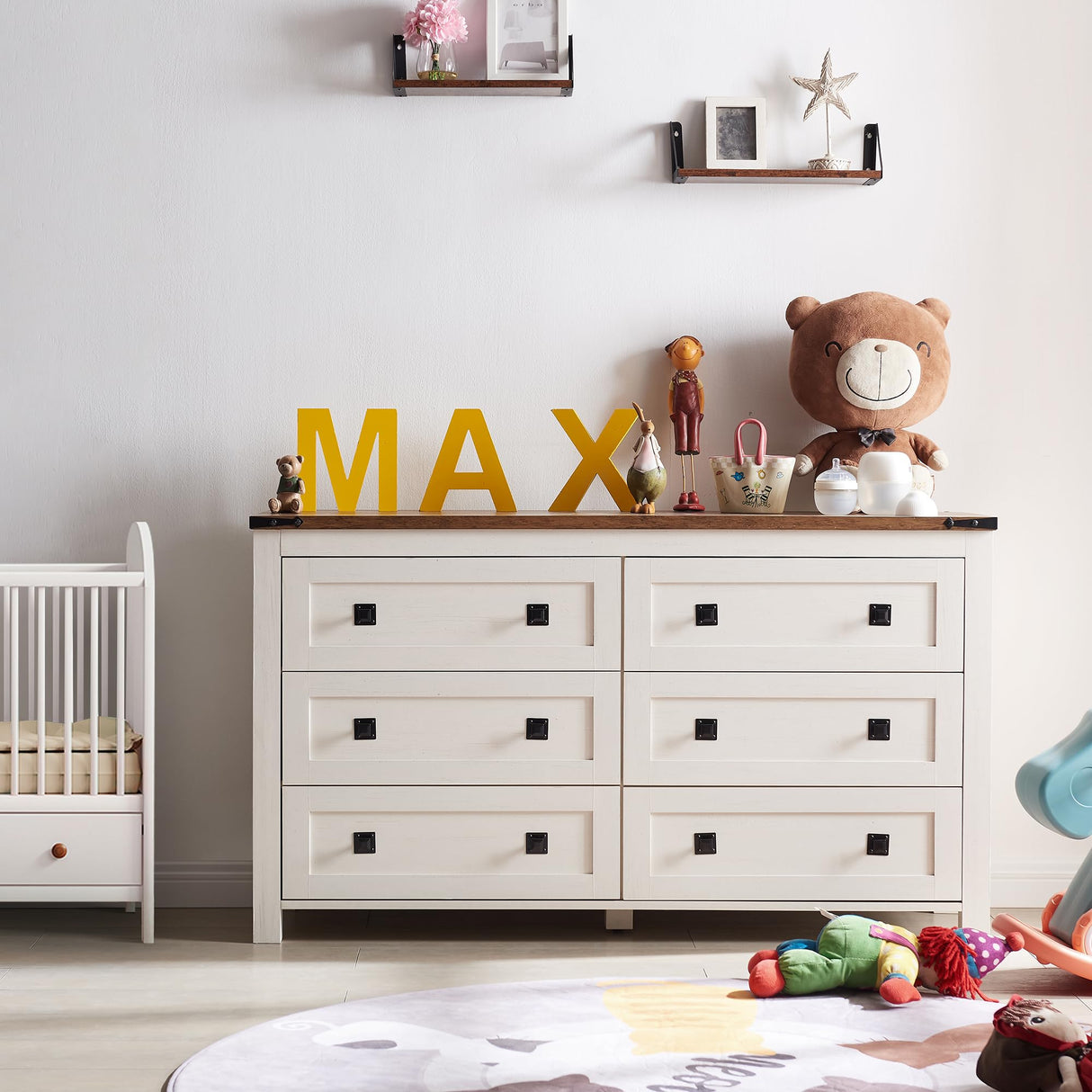 RedLemon 6 Drawer Dresser for Bedroom, Farmhouse 54 Inch Wide Rustic Wood Dresser TV Stand, Dresser Chest of Drawers for Closet, Living Room, Hallway, Antique White RedLemon