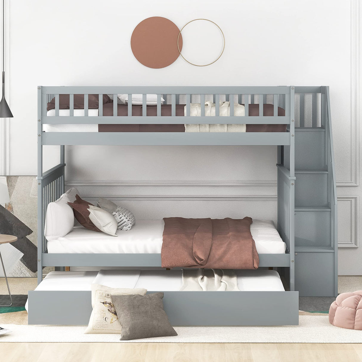 P PURLOVE Stackable Full Over Full Bunk Bed with Trundle, Wood Stairway Storage Bunk Bed with Storage Shelf for Kids Teens, Full Bunk Bed can Be Divided into 3 Individual Beds,Gray Bed Frame P PURLOVE