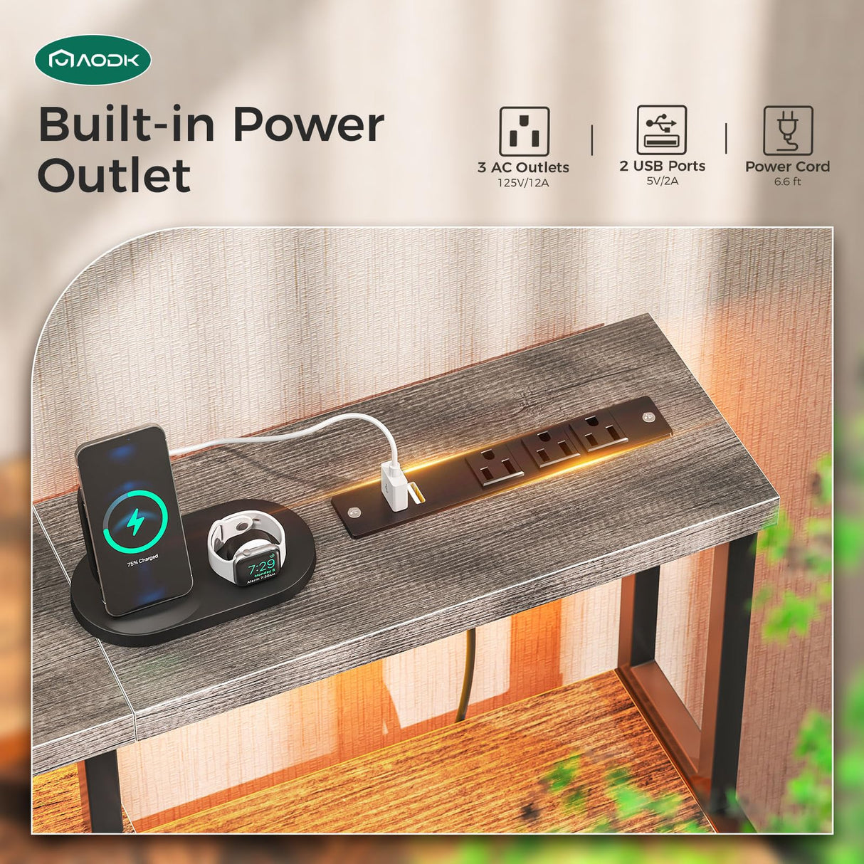 AODK Computer Desk, 48 Inch Gaming Desk with Led Lights & Power Outlet, Office Desk with Printer Storage Shelves, Reversible Desk with Monitor Shelf & Headphone Hook, Grey Oak AODK