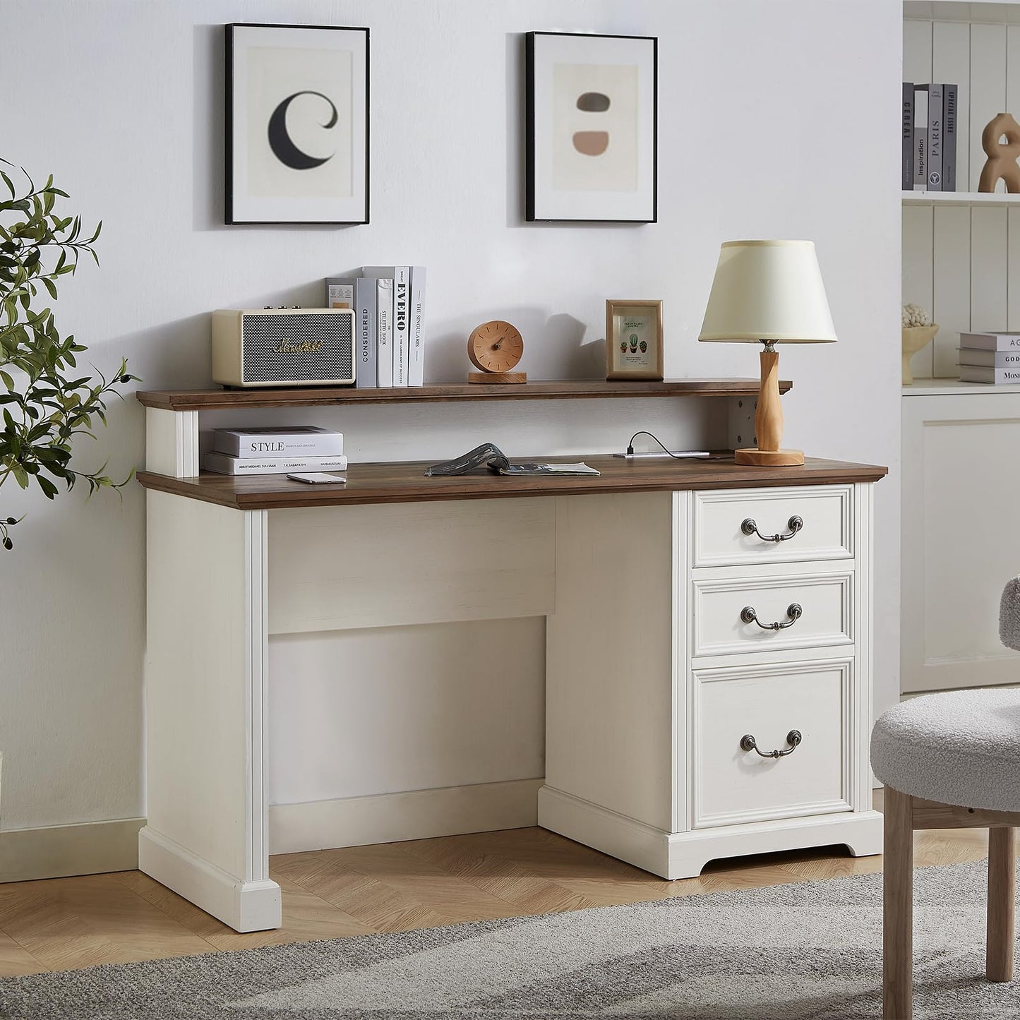 Vagaconl 55in Farmhouse Desk with Outlets, Mid Century Modern Desk with Charging Station File Cabinet, Storage Cabinet, Vintage Computer Writing Desk,Home Office,White and Brown - WoodArtSupply