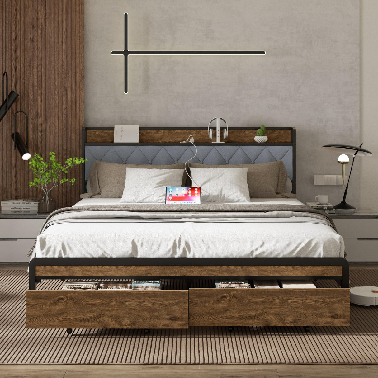 HAOARA Queen Size Metal Platform Bed Frame with 2 Storage Drawers & LED Light, Velvet Button-Tufted Headboard with Outlet & USB Charging Port, Heavy Duty, Brown Wooden Panel, No Box Spring Needed HAOARA