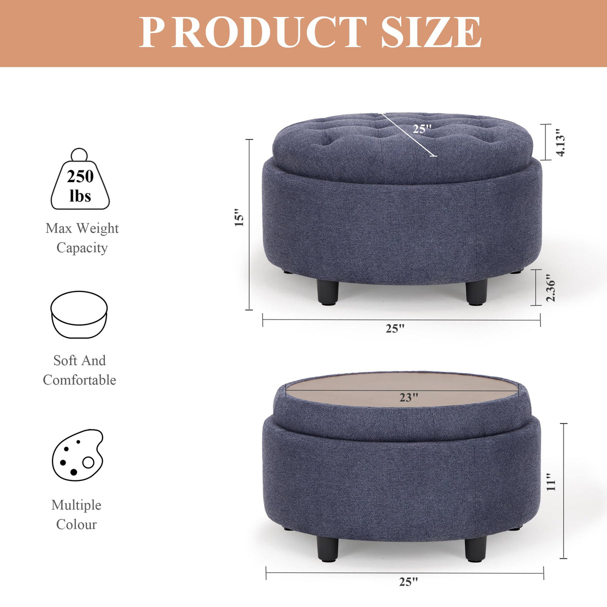 COLAMY Fabric Round Storage Ottoman with Reversible Tray Lid – Multi-Functional Footrest, Hidden Storage, Sturdy & Stylish Small Coffee Table for Living Room, Bedroom, or Entryway(Blue) COLAMY