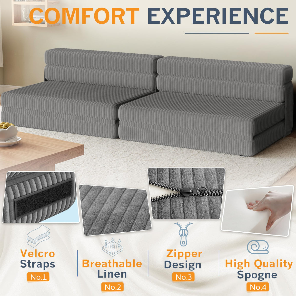 Furmax Folding Sofa Bed Chair, Fold Out Chair Bed, Twin Size Convertible Floor Sofa Foldable Mattress, Corduroy Sleeper Chair for Living Room Bedroom, Grey Furmax