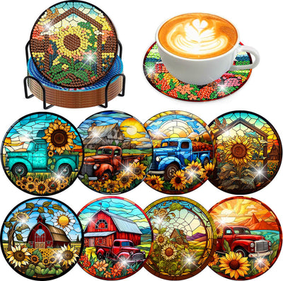 8 Pcs Fall Diamond Art Coasters Kit for Adults - Flowers Painting Set With Holder Cork Pads DIY Sunflower Truck Crafts for Beginners