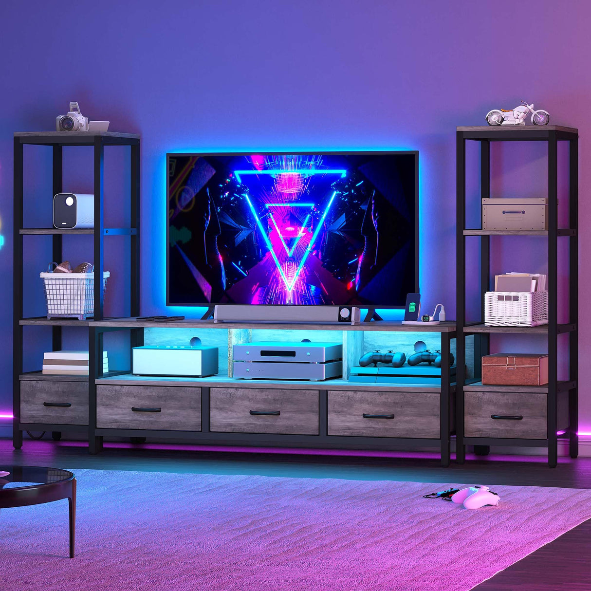 DWVO Entertainment Center with Bookshelves, LED TV Stand for 65/60 inch TV, Farmhouse TV Stand for Living Room with 2 Industrial 4-Tier Bookshelves & Power Outlets, Grey DWVO