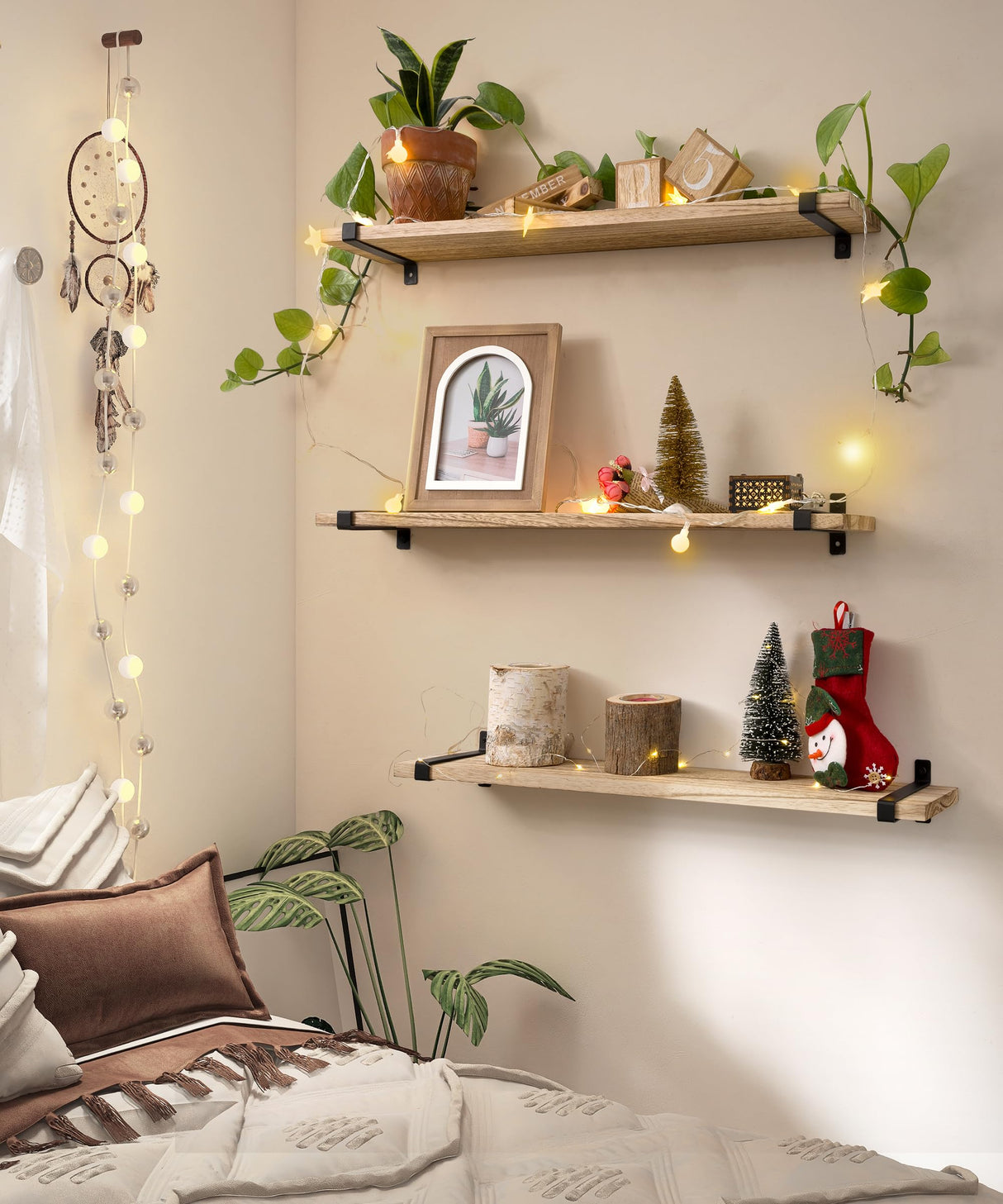 Gronda Floating Shelves Natural Wood Set of 3, 24 Inch Rustic Solid Wood Shelf Wall Mounted Farmhouse Decor Shelves for Bathroom Living Room Bedroom Kitchen Gronda