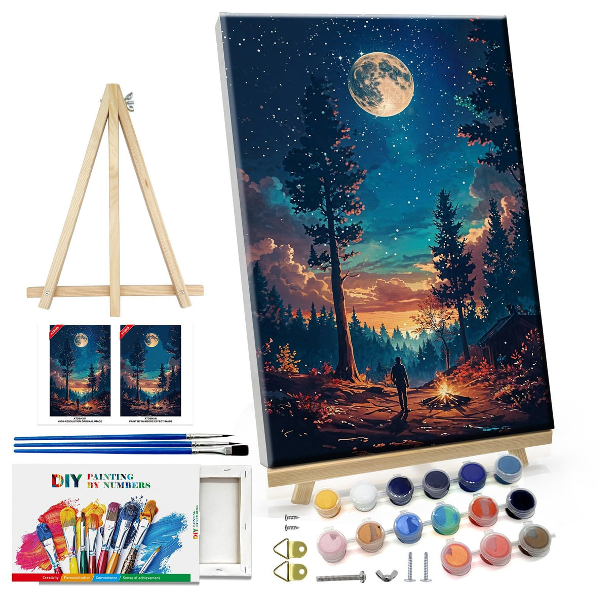ATDMS Paint by Number for Adult Beginner - DIY Landscape Moon Forest with Frame and Easel for Wall Hanging Home Room Decor - 7.87x11.81 Inch ATDMS