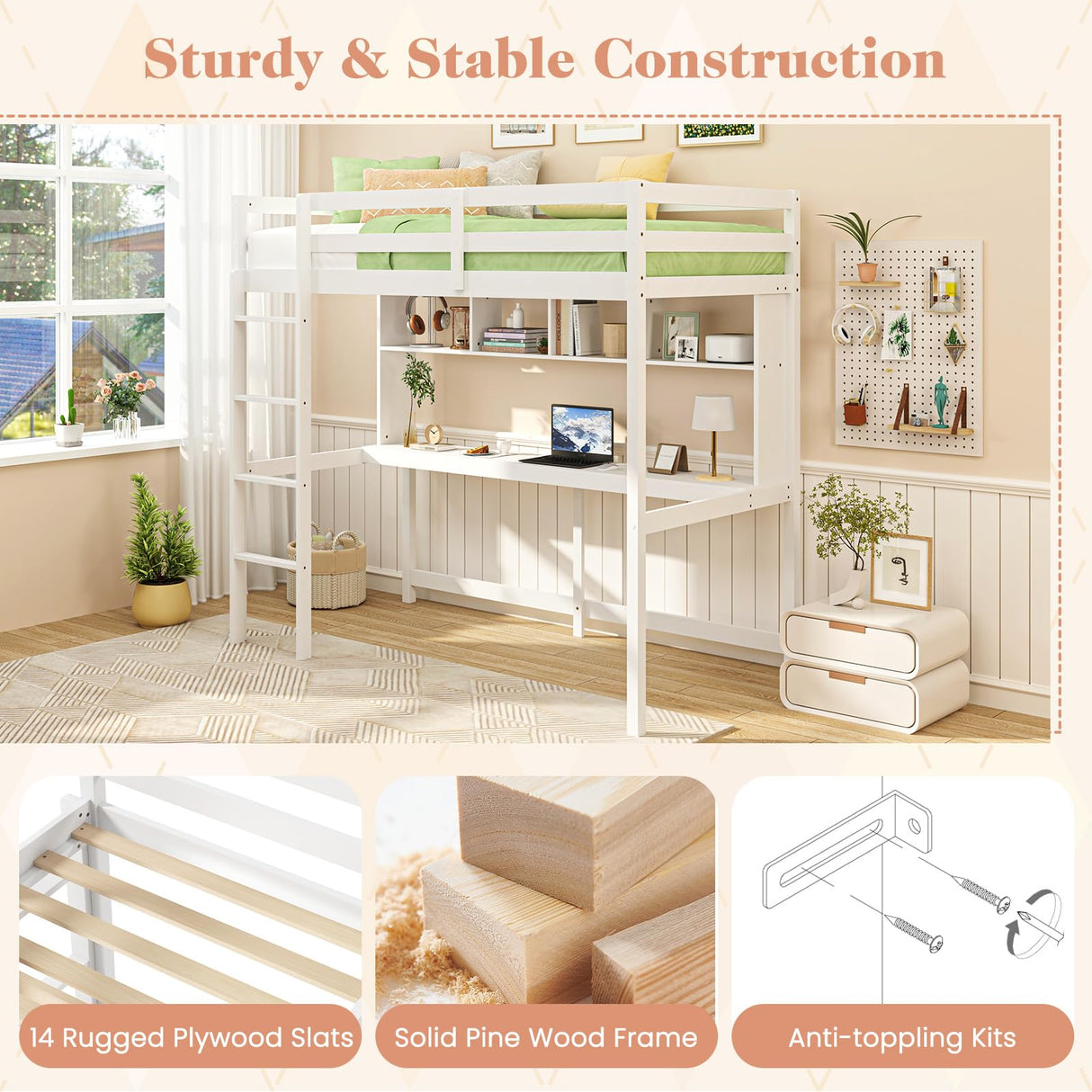 Giantex Twin Loft Bed with Desk & Bookcase, Solid Wood Loft Bed Frame w/Safety Guardrails & Ladder, Space-Saving Twin Size Bed Frame with Storage for Home Dorm Apartment, No Box Spring Needed, White Giantex