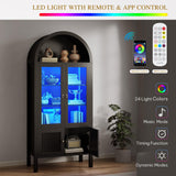 YITAHOME 71" Arched Cabinet Bookshelf Bookcase with LED Light/Wood Display Cabinet with Tempered Glass Doors and Adjustable Shelves/Kitchen Pantry with Storage for Living Room,Dining Room-Black YITAHOME