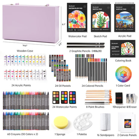 Shuttle Art Deluxe Gift Art Kit, 202-Piece Wooden Art Supplies Set with 4 Drawing Pads, Canvases, Coloring Sheets, Acrylic Paint, Crayons, Oil Pastels, Colored Pencils for Kids, Artists, Beginners Shuttle Art