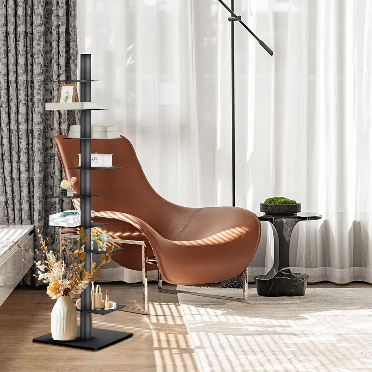 9 Tier Metal Vertical Bookshelf Tower, Freestanding Invisible Spine Bookshelf, Tall Ladder Bookcase Floating Shelf for Small Spaces, Modern Storage Corner Shelf for Living Room, Office, Bedroom Decor GENMOUS & CO.