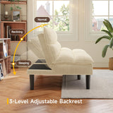 ONBRILL 64" Futon Sofa Bed, Corduroy Sofa Bed Couch with Adjustable Backrest, Convertible Loveseat Sleeper Sofa with Sturdy Wooden Legs, Comfy White Couches for Living Room, Bedroom, Office ONBRILL