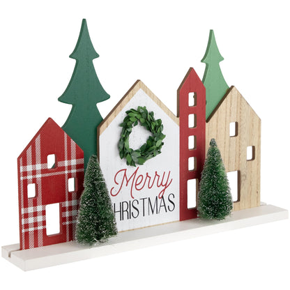 Northlight Wooden Merry Christmas Houses with Trees Decoration - 15" - Red and Green