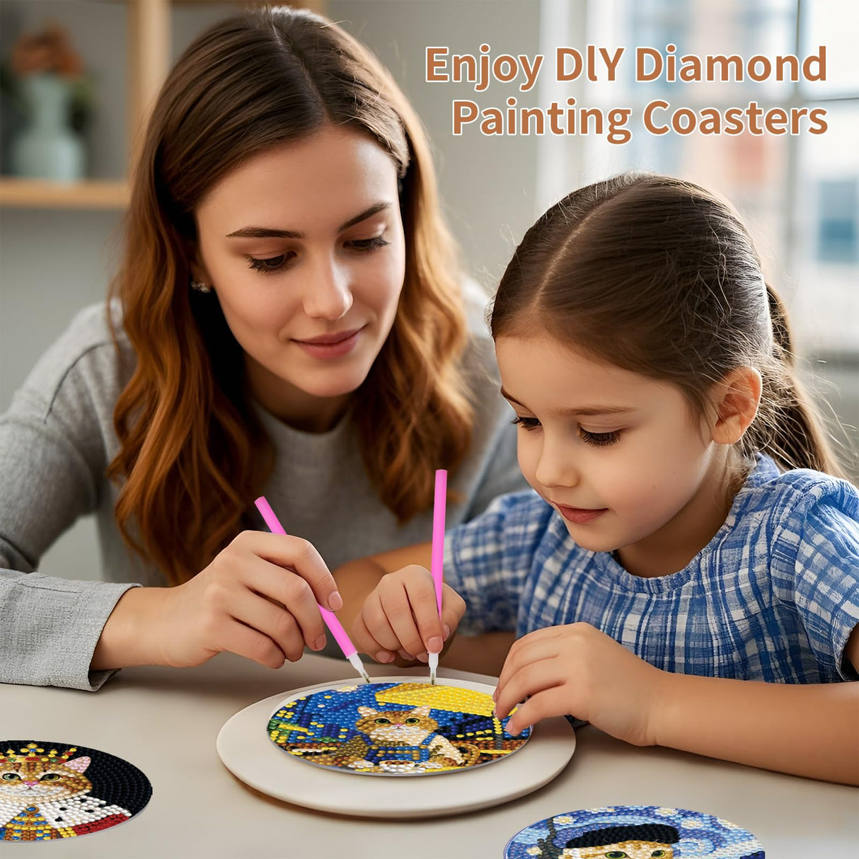 PERFECTSIGHT 8 Pcs DIY Diamond Art Painting Coasters with Holder, Cute Diamond Paint Coaster Kits for Adults, Kawaii Full Drill Diamond Art Craft Paint by Number Non Slip Coaster - Multicolor Cats PERFECTSIGHT