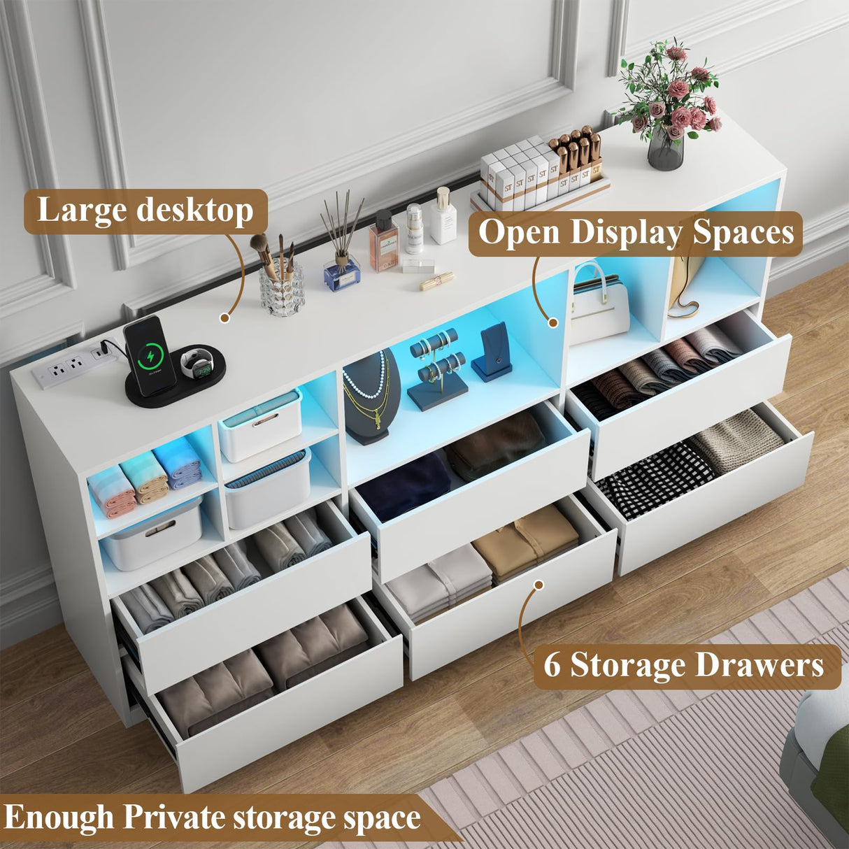 Gyfimoie White Dresser for Bedroom with 6 Drawers, Chest of Drawers with Led Lights&Charging Station, 63" Long Dresser with 7 Open Cubbies, Storage Drawers for Living Room, Closet, Hallway (White) Gyfimoie