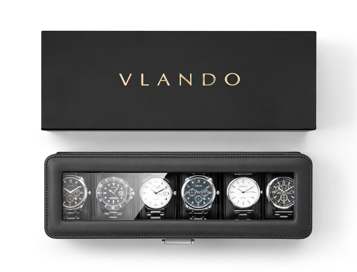 Vlando Watch Case for Fathers Day Gifts, 6-Slot Watch Box for Men with Glass Lid, Lockable, Business Textured Leather, Soft Pillow, Gifts for Dad, Husband, Friends - Black Vlando